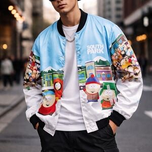 South Park Graphic Light Blue & White Bomber Jacket